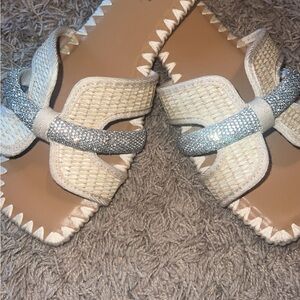 Soda Cream Woven Slide Sandals with Silver Crystal Accent